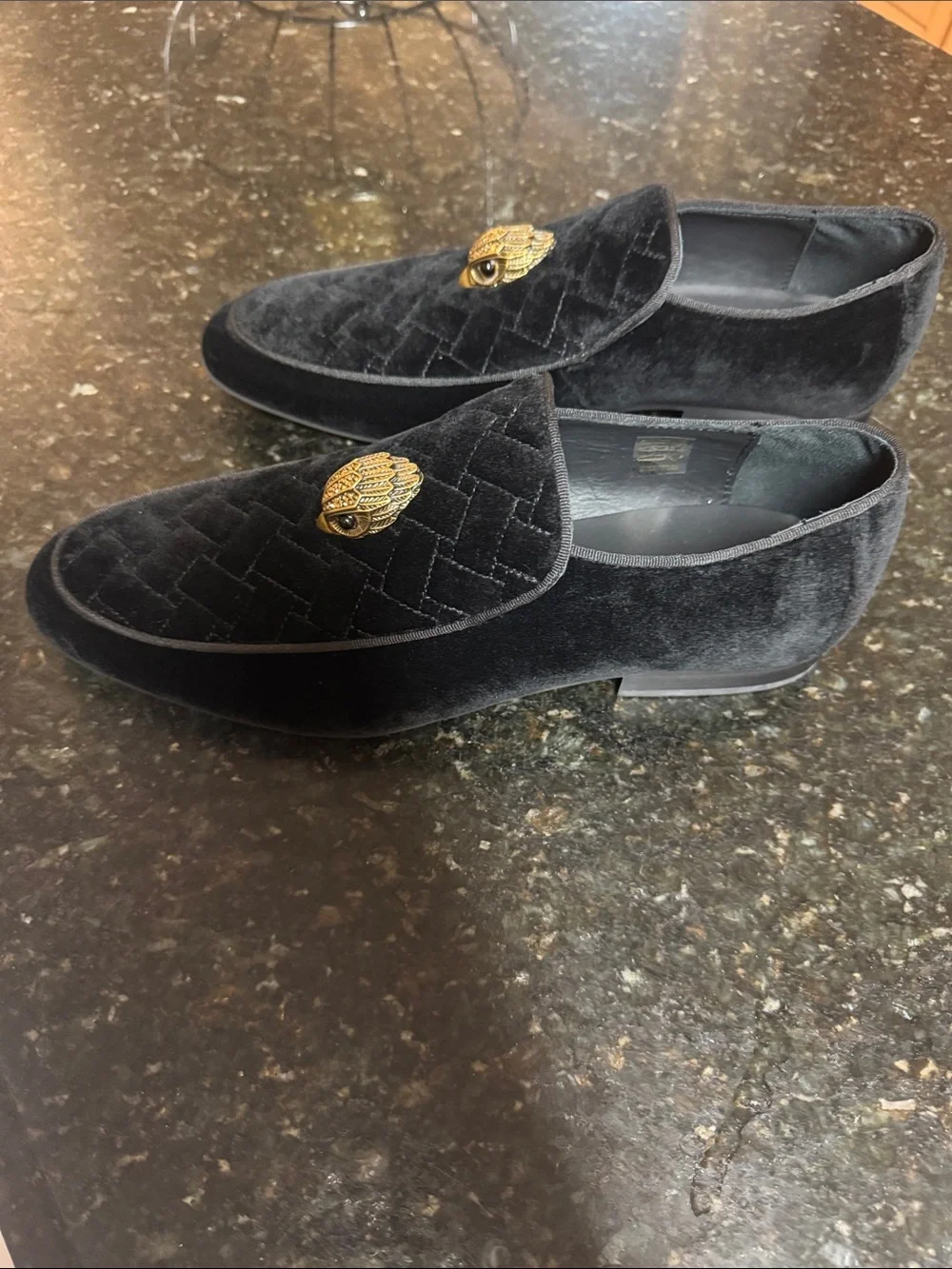 NEW NEW Black Velvet Men’s Slip-On Loafers with Gold Emblem